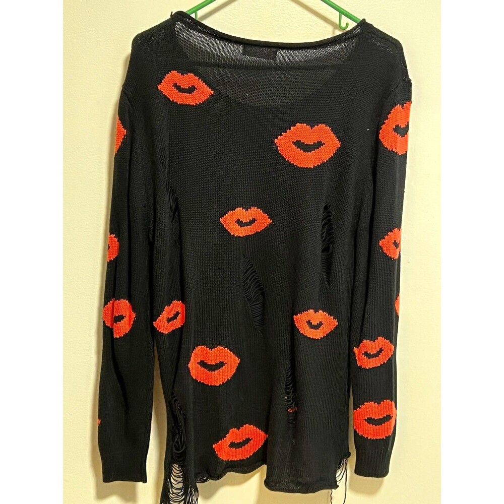 Love Tree Black Lips Graphic Distressed Knit Sweater S/M Oversized Frayed Hem